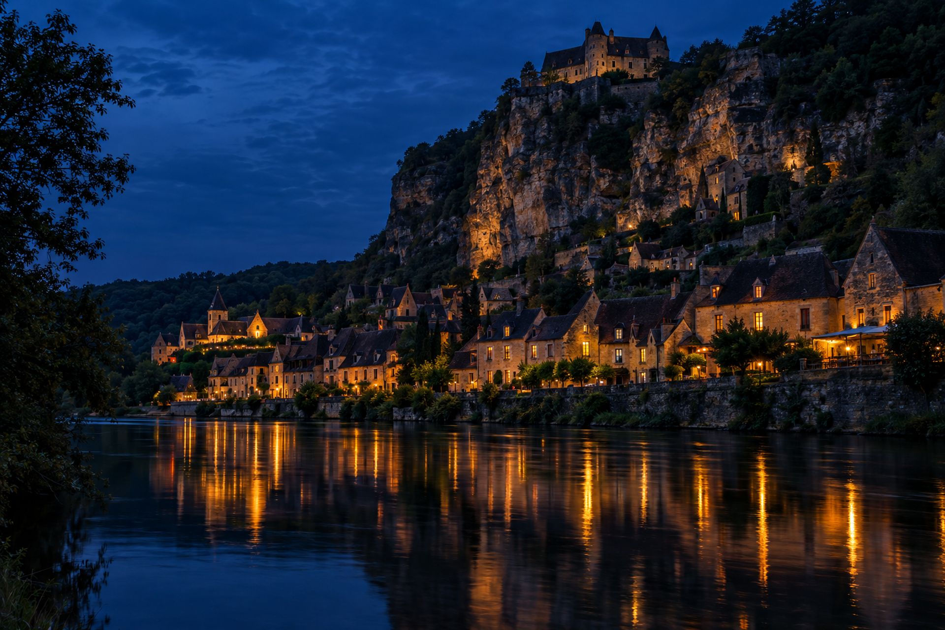 Village de pierres dorées au pied de la falaise, au bord de la Dordogne, au crépuscule